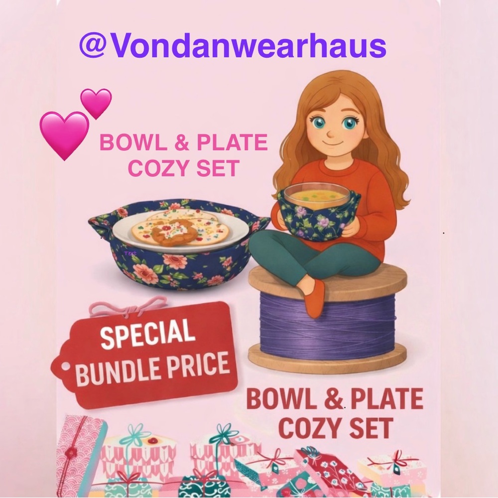 Mystery Print Handmade Bowl and Plate Cozy Set OR 6 Piece NoPaper Hand Towel Set